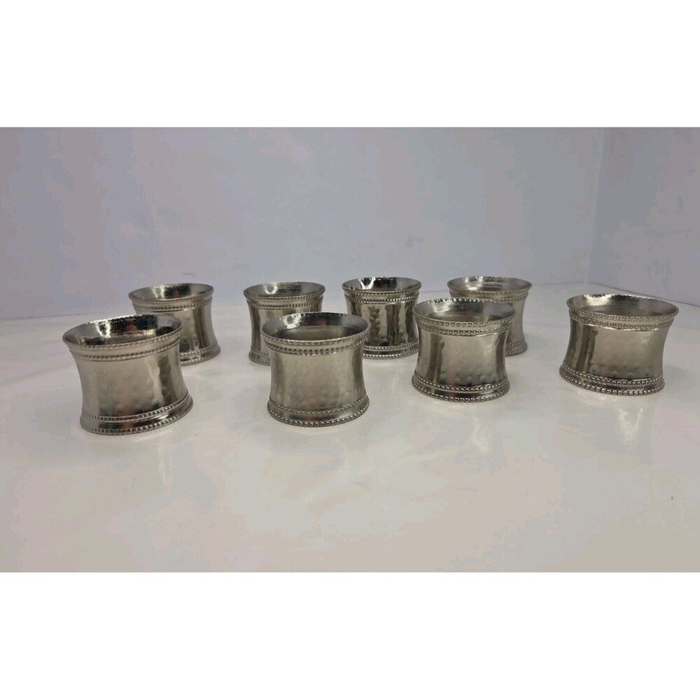 Vintage Set of 8 Hammered Silver Tone Metal Napkin Rings Beaded Rim Cuff MCM
